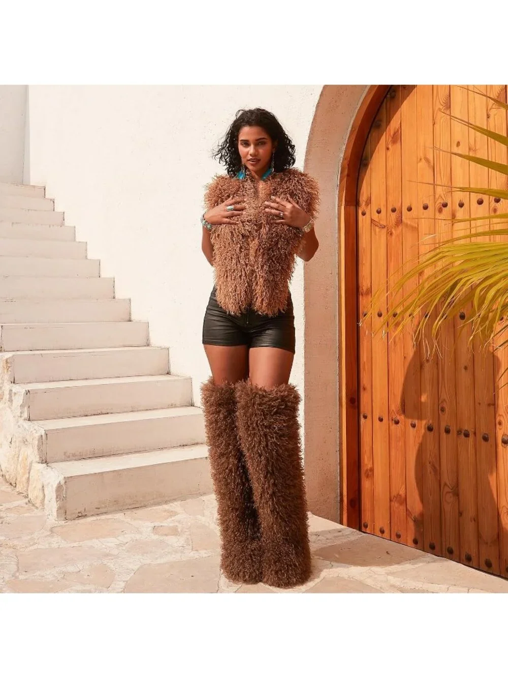 Women's Brown Shaggy Faux Furry Fuzzy Fluffy Flat Knee-High Slouchy Snow Boot